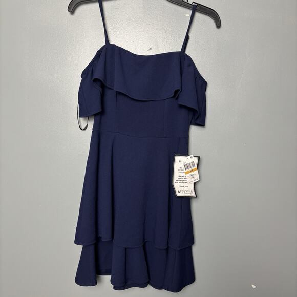 NWT B Darlin Juniors Ruffled Off-the-Shoulder Dress Navy 3 4 New Prom Homecoming - Picture 2 of 10
